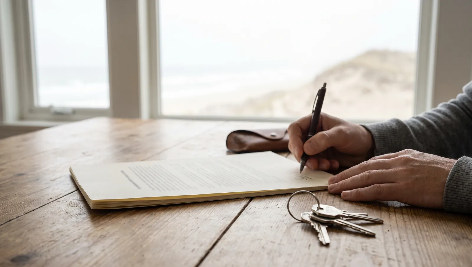 Iemand ondertekent een compromis aan een houten tafel met huissleutels, met zicht op de duinen