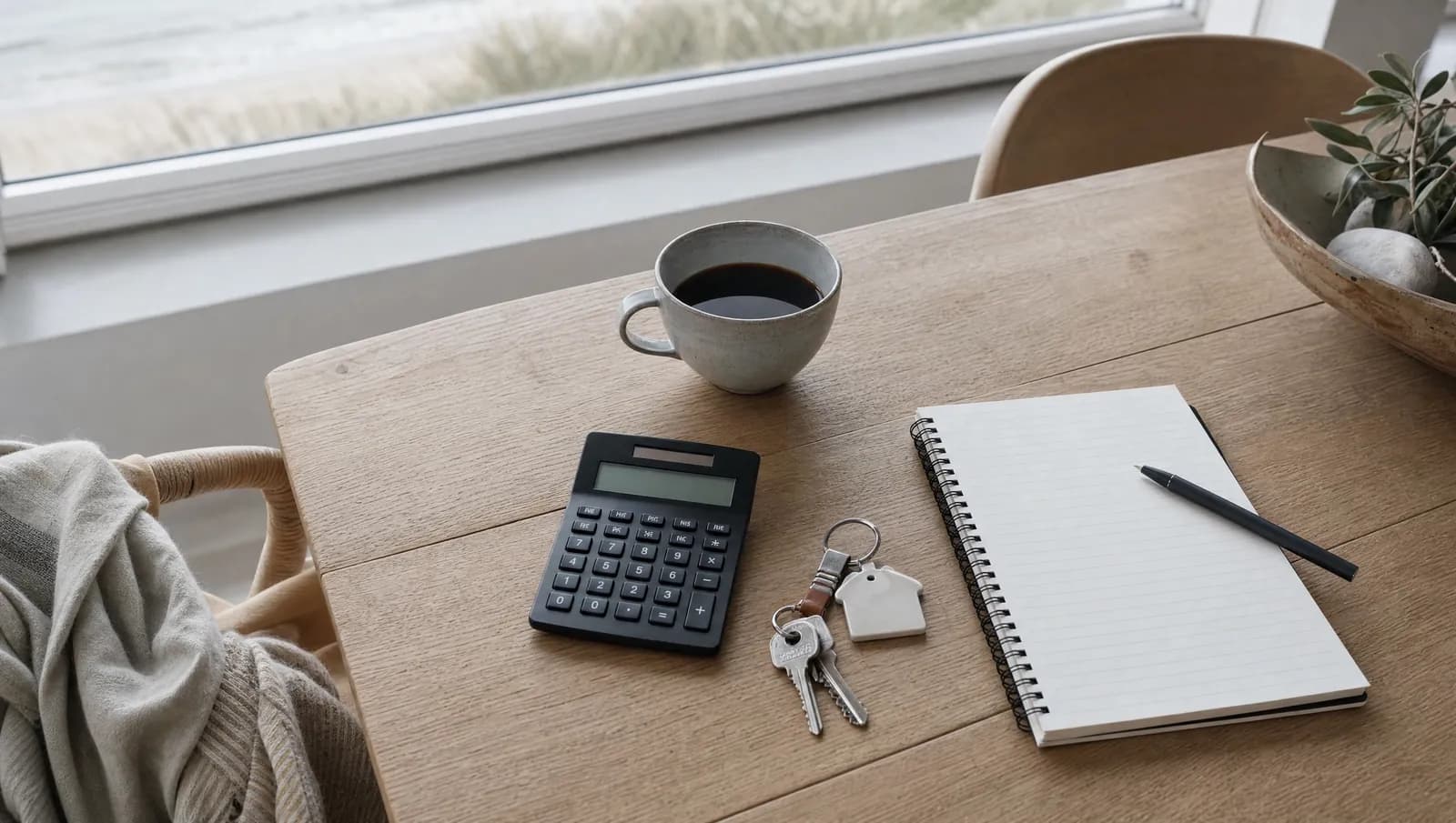 Koppel bekijkt papieren van een appartement aan zee aan een tafel met uitzicht op de dijk