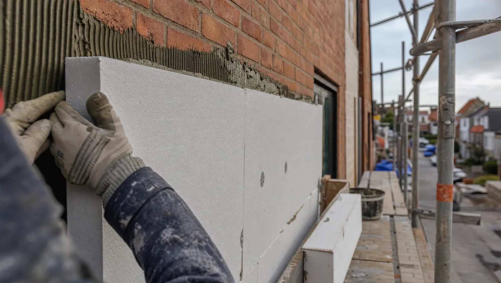 Oudere rijwoning aan de Belgische kust met steigers en nieuw geïsoleerd dak tijdens renovatiewerken