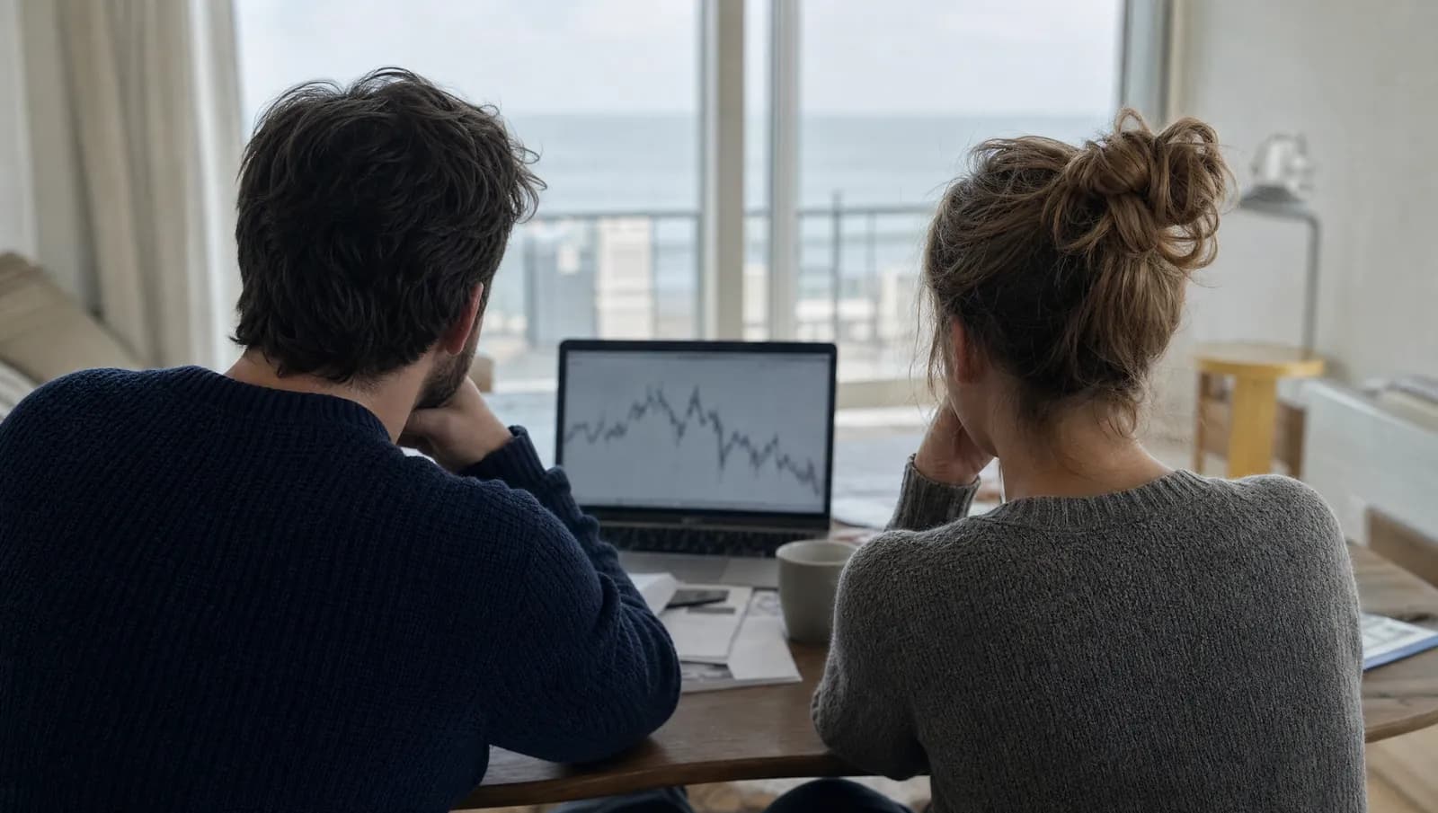 Keukentafel in een appartement aan zee met een rekenmachine en leningsdocumenten, zicht op de dijk