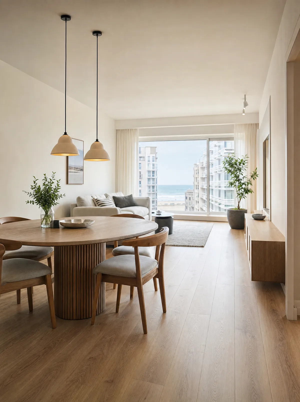 Lichte, opgeruimde living van een appartement aan zee, klaar voor bezoek